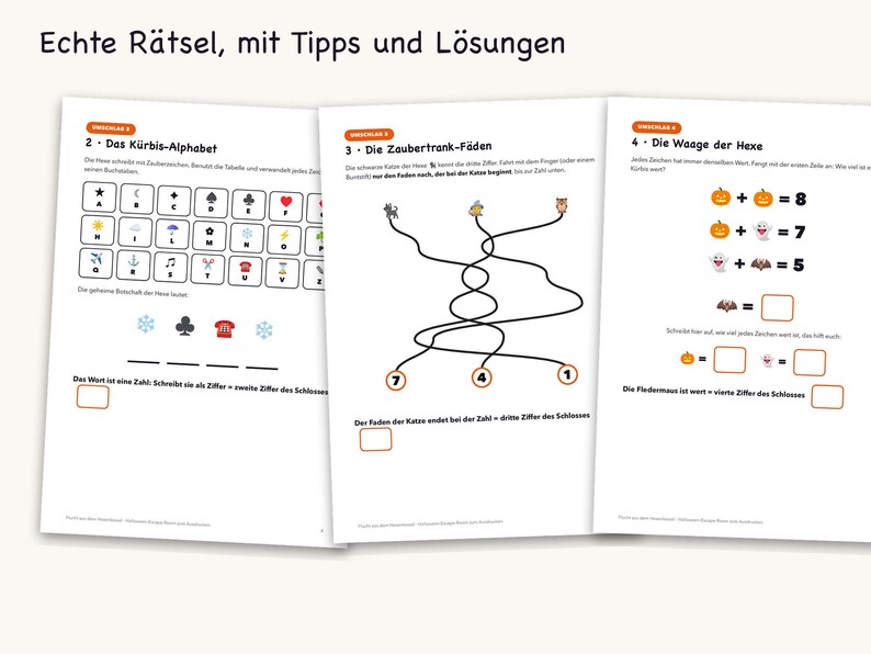 May include: Three white pages of a puzzle book titled Echte R&auml;tsel, mit Tipps und L&ouml;sungen. The pages feature activities including a pumpkin alphabet cipher, a maze with potion threads, and a math puzzle with pumpkins, ghosts, and bats.