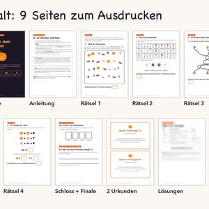 May include: A printable activity set titled Flucht aus dem Hexenkessel containing nine pages. The set includes a title page, instructions, four puzzle pages with Halloween themes, a final lock puzzle, two certificates, and a page of solutions.