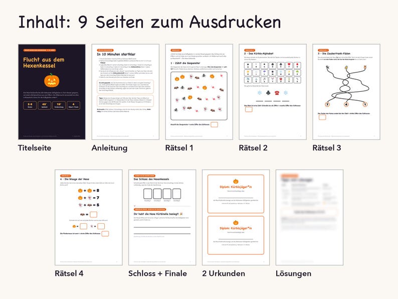 May include: A printable activity set titled Flucht aus dem Hexenkessel containing nine pages. The set includes a title page, instructions, four puzzle pages with Halloween themes, a final lock puzzle, two certificates, and a page of solutions.