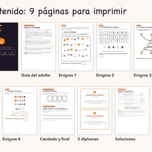 May include: A printable activity set titled Escape del Caldero featuring nine pages including a cover, adult guide, four puzzle pages with Halloween-themed graphics, two diplomas, and a solution sheet with blurred text.
