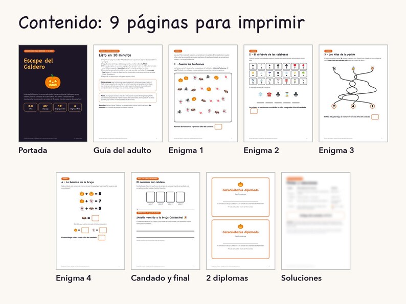 May include: A printable activity set titled Escape del Caldero featuring nine pages including a cover, adult guide, four puzzle pages with Halloween-themed graphics, two diplomas, and a solution sheet with blurred text.