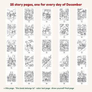 Adventsmålarbilder för barn, Julnedräkningsmålarbok, Ordlös berättelse om 25 dagar, Kapybaramålarbilder, Utskrivbar adventskalender i PDF-format bild 2