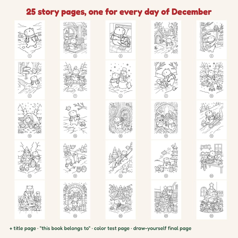 Adventsmålarbilder för barn, Julnedräkningsmålarbok, Ordlös berättelse om 25 dagar, Kapybaramålarbilder, Utskrivbar adventskalender i PDF-format bild 2