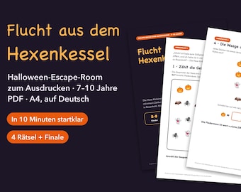 幼稚園用ハロウィーン エスケープ ルーム 7–10 Jahre zum Ausdrucken、Rätselspiel auf Deutsch PDF、ハロウィン パーティーと幼稚園用のゲーム