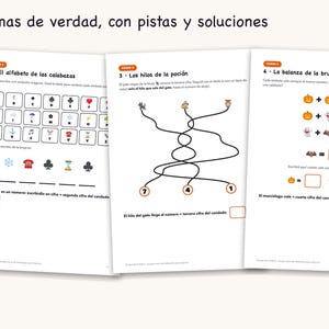 May include: Three pages of a children's activity book titled Enigmas de verdad, con pistas y soluciones. The pages feature logic puzzles including a symbol-based alphabet code, a line-tracing maze with animals, and math equations with icons.