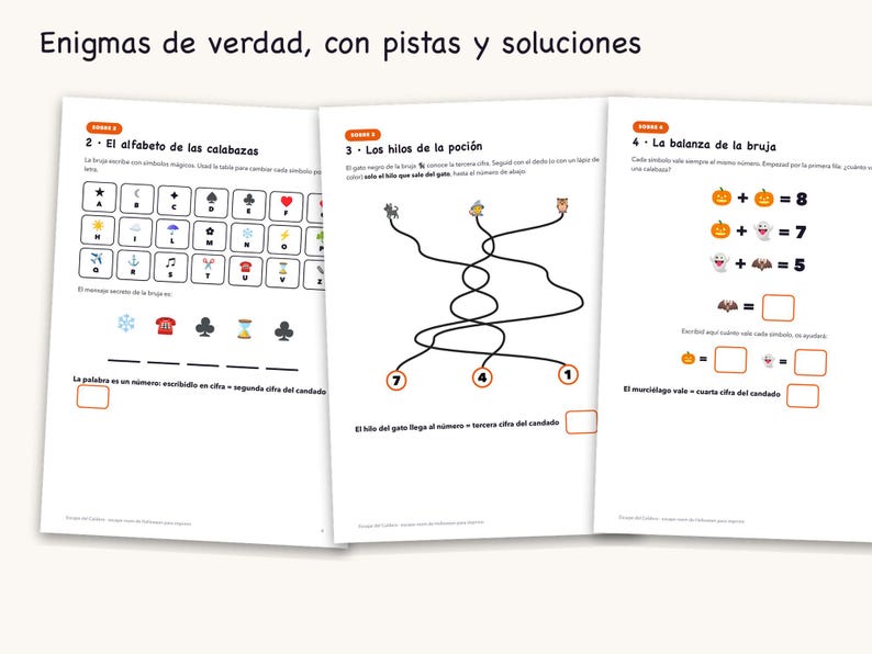 May include: Three pages of a children's activity book titled Enigmas de verdad, con pistas y soluciones. The pages feature logic puzzles including a symbol-based alphabet code, a line-tracing maze with animals, and math equations with icons.