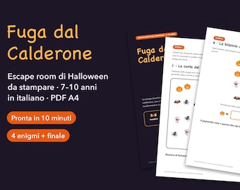 7歳から10歳のお子様向けハロウィン脱出ゲーム、イタリア語のPDF印刷可能ゲーム、自宅でパーティーや宝探しを楽しめます