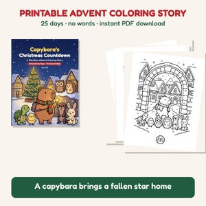 Adventsmålarbilder för barn, Julnedräkningsmålarbok, Ordlös berättelse om 25 dagar, Kapybaramålarbilder, Utskrivbar adventskalender i PDF-format bild 1