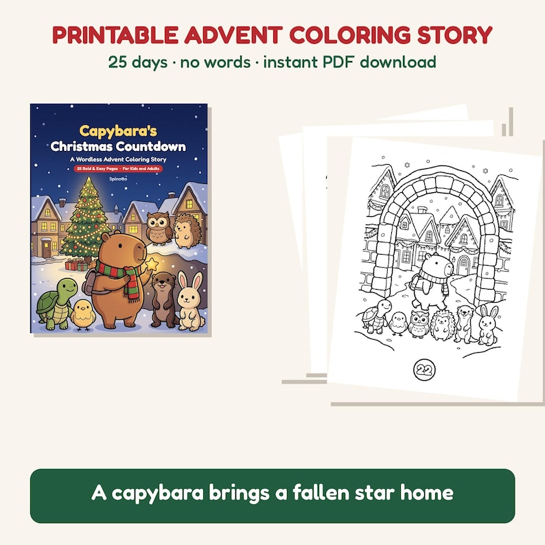 Adventsmålarbilder för barn, Julnedräkningsmålarbok, Ordlös berättelse om 25 dagar, Kapybaramålarbilder, Utskrivbar adventskalender i PDF-format bild 1