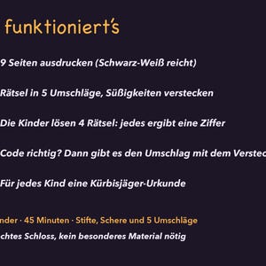 May include: A dark purple instructional graphic with orange numbered circles from 1 to 5. The text in German outlines a scavenger hunt game process, including printing 9 pages, hiding puzzles in 5 envelopes, solving 4 puzzles for digits, checking a code, and awarding certificates. It notes requirements for 2-8 players, 45 minutes, pens, scissors, and envelopes, stating no special lock or material is needed.