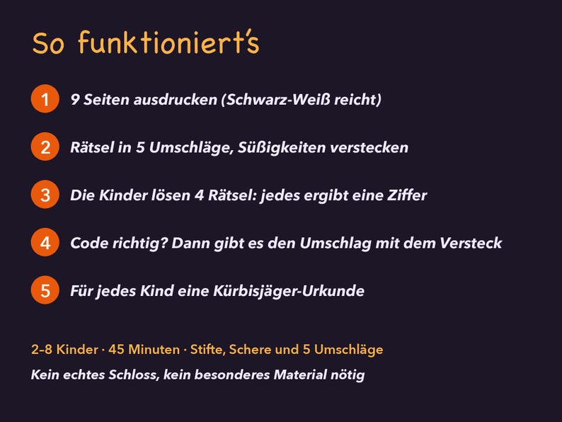 May include: A dark purple instructional graphic with orange numbered circles from 1 to 5. The text in German outlines a scavenger hunt game process, including printing 9 pages, hiding puzzles in 5 envelopes, solving 4 puzzles for digits, checking a code, and awarding certificates. It notes requirements for 2-8 players, 45 minutes, pens, scissors, and envelopes, stating no special lock or material is needed.