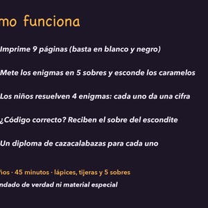 May include: A dark purple instructional graphic titled C&oacute;mo funciona with five numbered orange circles. The text outlines a game process involving printing nine pages, using five envelopes, solving four riddles, finding codes, and awarding diplomas.
