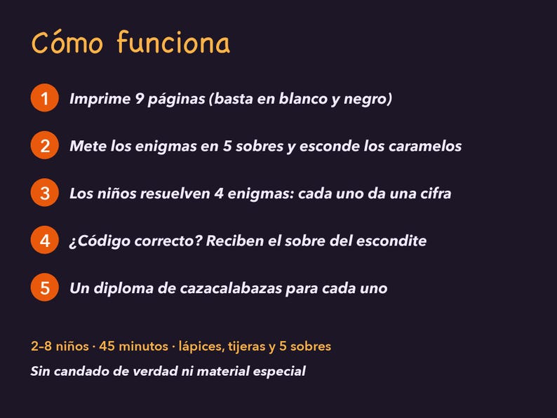 May include: A dark purple instructional graphic titled C&oacute;mo funciona with five numbered orange circles. The text outlines a game process involving printing nine pages, using five envelopes, solving four riddles, finding codes, and awarding diplomas.