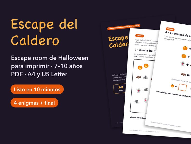 May include: A printable Halloween escape room game titled Escape del Caldero for ages 7-10. The set includes PDF documents in A4 and US Letter sizes, featuring four puzzles plus a final challenge, with graphics of pumpkins, ghosts, and spiders.