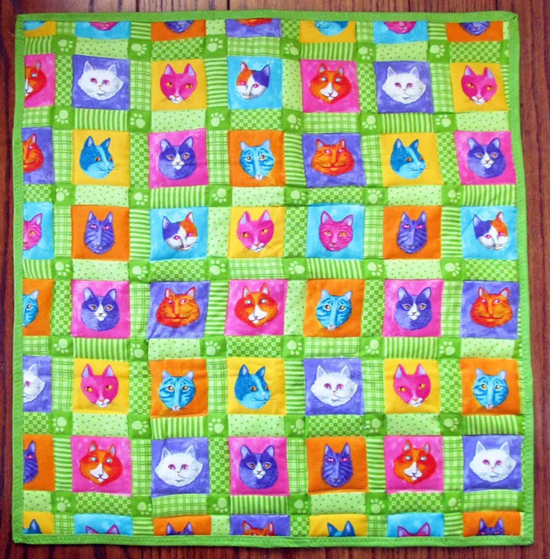 Cat Quilt, Cat Blanket, Cat Bedding, Cat Bed, Cat Portraits Lime Green