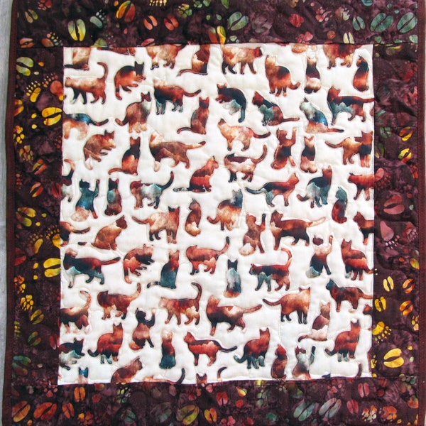 Cat Quilt, Pet blanket, 24'x24" Earth tone cats with paw prints C-69