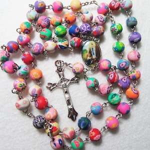 Rosary - Our Lady of Lourdes - Polymer Clay bead Rosary, Traditional 5 decade rosary - Our Lady of Lourdes  center - TR 22