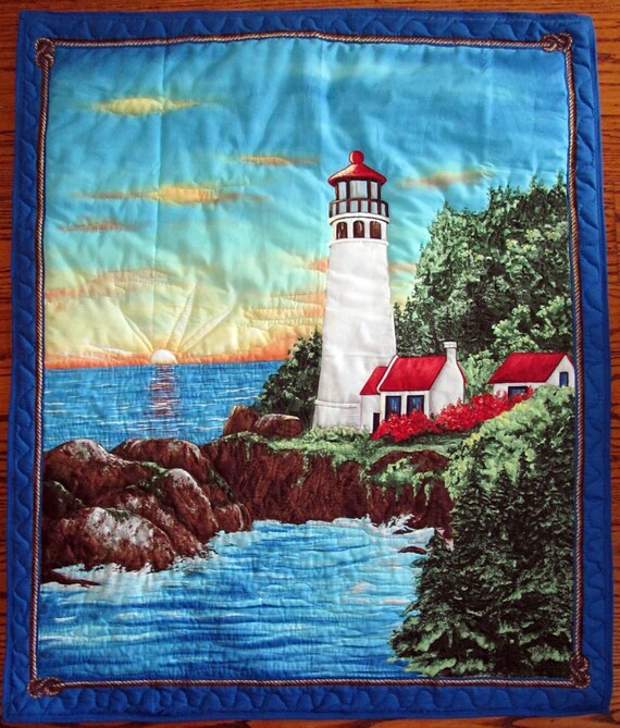 Lighthouse Quilted Fabric Panel Sunset Use As A Wall Etsy