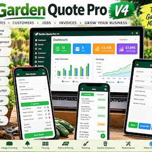 May include: Garden Quote Pro V4 software displayed on a laptop, two smartphones, and a tablet. The screens show a dashboard with charts, job lists, and invoice creation tools. The interface features green, white, and dark gray color schemes.