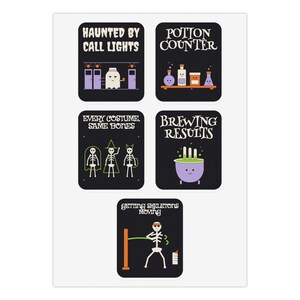 May include: A set of five rectangular stickers with black backgrounds and white text. Designs include a ghost by call lights, potion bottles on a shelf, skeletons in costumes, a bubbling cauldron, and a skeleton exercising with a resistance band.