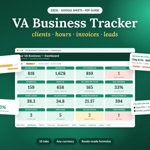 VA Business Tracker, Virtual Assistant Client Spreadsheet, Google Sheets Excel Template, Invoice Hours Planner