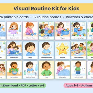 Peut inclure: Un kit de routine visuelle pour enfants comprenant 126 cartes imprimables et 12 tableaux de routine. Les cartes présentent des scènes illustrées d'activités quotidiennes comme se brosser les dents, manger et jouer, avec des étiquettes.