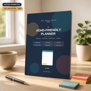 Puede incluir: Una agenda azul oscuro titulada The ADHD-Friendly Planner con acentos circulares en marrón, verde azulado y morado. La portada presenta texto que incluye Daily Planner, Brain Dump, Dopamine Menu, Workbook y un gráfico de lista etiquetado Today's Top 3.