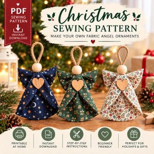 May include: A digital PDF sewing pattern for fabric angel ornaments. The image displays three finished angel ornaments with wooden bead heads, jute rope loops, and wooden heart accents, featuring navy, green, and floral patterned fabric.