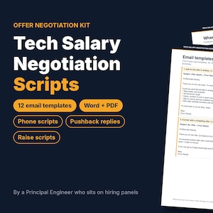Może przedstawiać: Cyfrowy dokument zatytułowany Tech Salary Negotiation Scripts zawierający 12 szablonów e-maili, skrypty rozmów telefonicznych, odpowiedzi na sprzeciwy oraz skrypty negocjacji podwyżek w formatach Word i PDF.