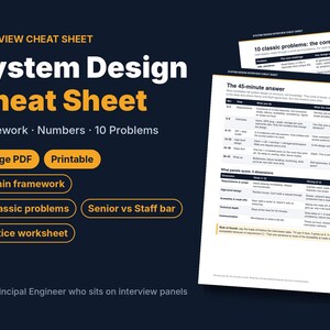 以下が含まれることがあります： 8ページのシステムデザイン・チートシートPDF。45分間のフレームワーク、10の古典的な問題、練習用ワークシートが含まれています。ドキュメントには、面接のステップ、評価基準、技術面接のための核心的な洞察を詳述した表が記載されています。