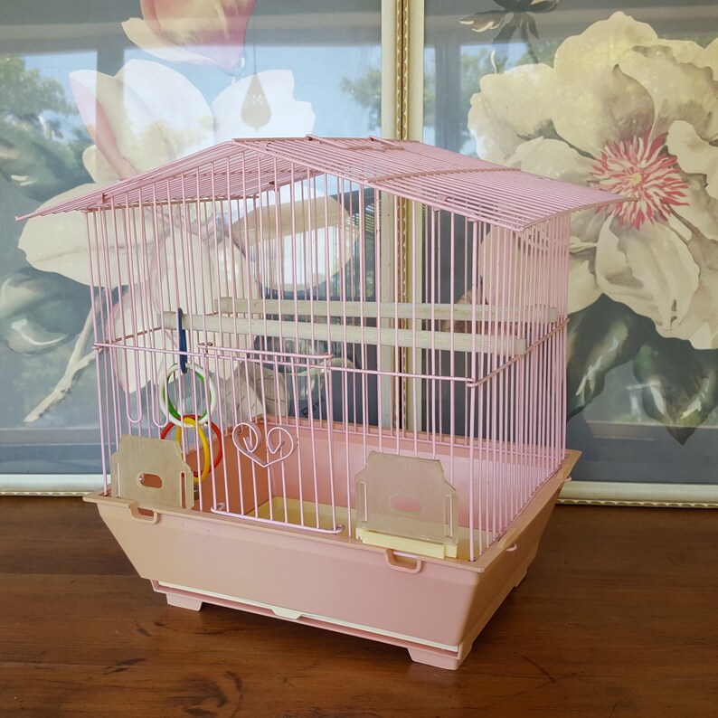 Vintage Pink Bird Cage Hoei Japan Plastic Wire Heart Mid Etsy