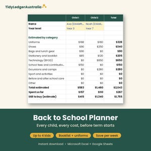May include: A digital Back to School Planner spreadsheet template by TidyLedgerAustralia. The table displays estimated school costs for two children, categorised by uniforms, shoes, stationery, technology, and fees, with total calculations for each.