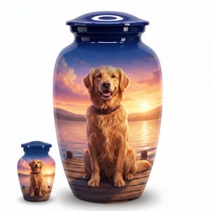 Golden Retriever Cremation Urn Set: Blue Sunset Memorial Jar with Keepsakes (Black Velvet Bag)