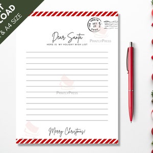 Carta a Papá Noel / Querido Papá Noel / Carta imprimible a Papá Noel / Lista de deseos de Navidad / Carta de Navidad para niños imprimible / Carta de EE. UU. y A4