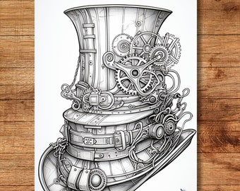 Steampunk Hat - Printable Adult Coloring Page - Coloring book page for adults and kids, Coloring sheets, Coloring designs - Instant Download