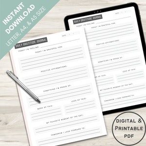 Páginas IMPRIMIBLES del cuaderno del diario de gratitud diaria / PDF imprimible o páginas digitales / Descarga instantánea - Tamaño A4, A5 y carta de EE. UU.