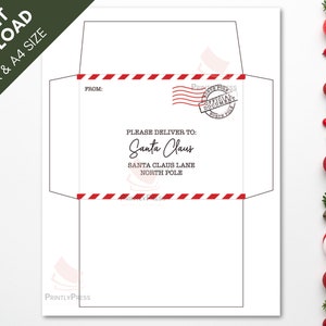 Adressiert an Santa Umschlag | Druckbare Umschlag zu Santa | Weihnachtswunschliste | Druckbare Weihnachtsumschlag für Kinder | US Letter & A4