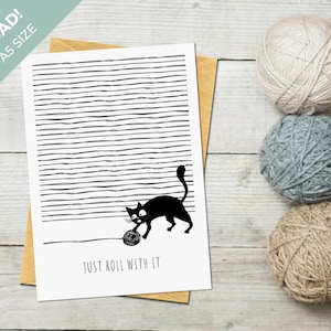 Rouleau imprimable avec carte de vœux Cat & Yarn - Cartes de vœux pour tricoteurs/crochet/artisans - Envoyer la carte Just Because - Fil
