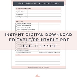May include: A printable PDF checklist for new company setup, in US Letter size. The document includes sections for company information and a checklist with items like choosing a legal structure and registering a business name. The words "Instant Digital Download" are also visible.