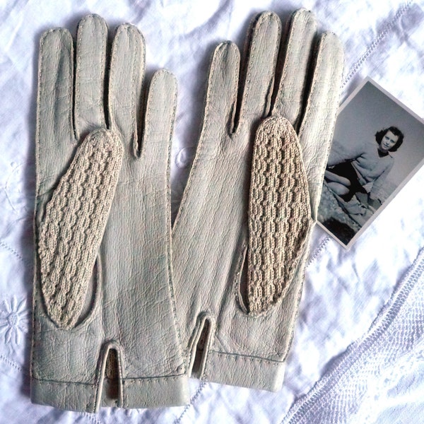 Vintage leather knit gloves - cream and ivory leather and knitted gloves - vintage driving gloves - size 6.5 vintage leather gloves