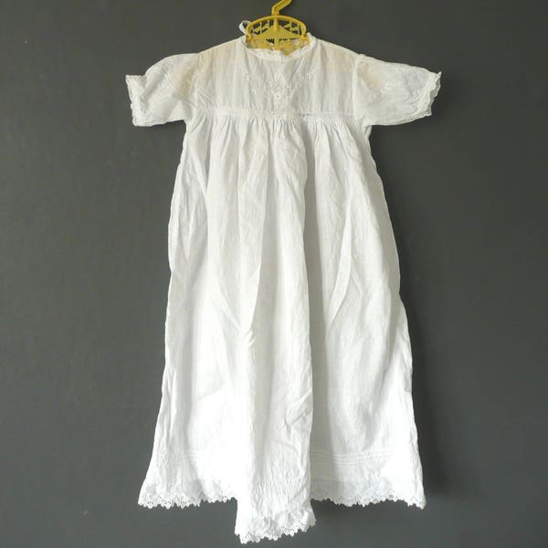 RESERVED Antique Christening gown - white cotton and lace Christening dress - antique baby dress - white embroidered baptism dress