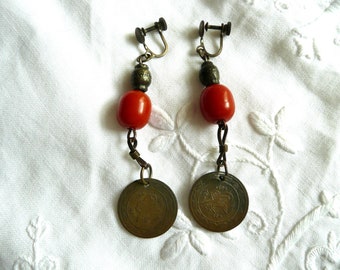 Antique screwback coin earrings - vintage coin earrings - antique resin and coin earrings - orange lucite earrings