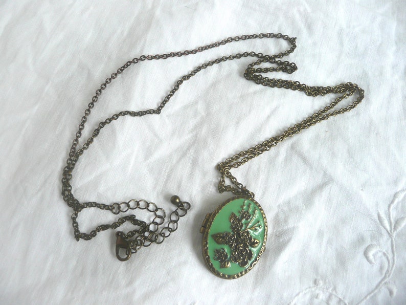 mid century locket Enamel flower locket green enamel and brass locket green and gold rose locket with magnetic closure