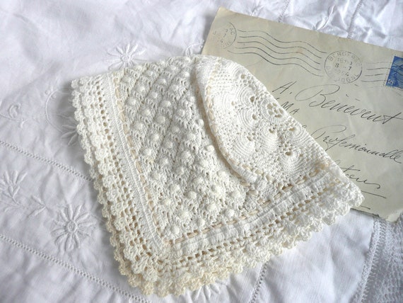 Antique hand crochet baby bonnet - antique cream … - image 3