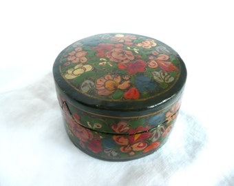 Hand painted vintage papier mache box - red green and blue floral  Kashmiri trinket box - Indian papier mache box