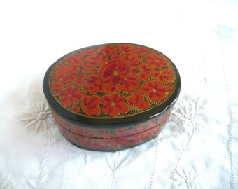 Hand painted vintage papier mache box - red gold and black floral  Kashmiri trinket box - Indian papier mache box