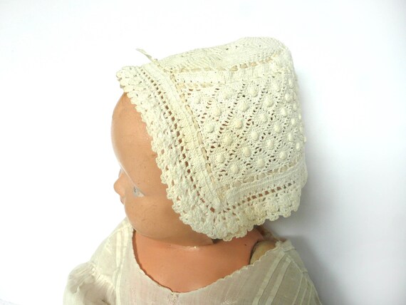 Antique hand crochet baby bonnet - antique cream … - image 5