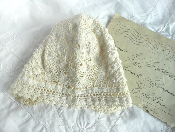 Antique hand crochet baby bonnet - antique cream … - image 2