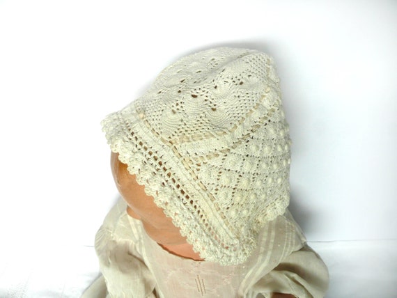 Antique hand crochet baby bonnet - antique cream … - image 6