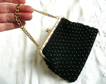 Vintage  bead purse - vintage black beaded purse - mid century bead handbag with gold chain - 1960s bead purse